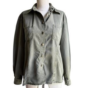 Vintage Paris Star Utility Shirt Jacket Olive Green Tencel Cotton Blend Y2K